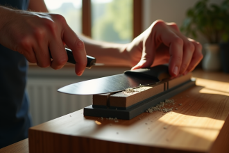 Mains affutant un couteau de cuisine avec une pierre sur un plan en bois