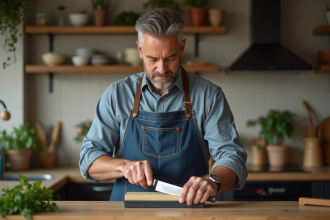 Homme en tablier en denim affutant un couteau de cuisine