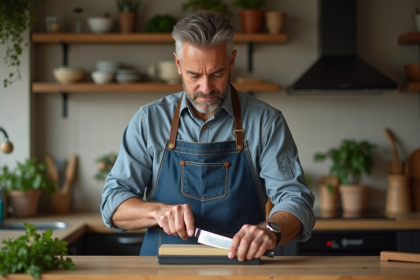 Homme en tablier en denim affutant un couteau de cuisine