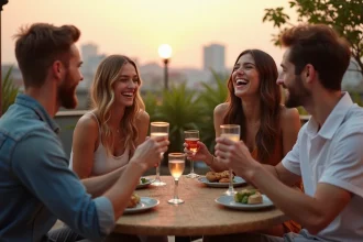 Groupe d'amis souriants sur une terrasse urbaine en soirée