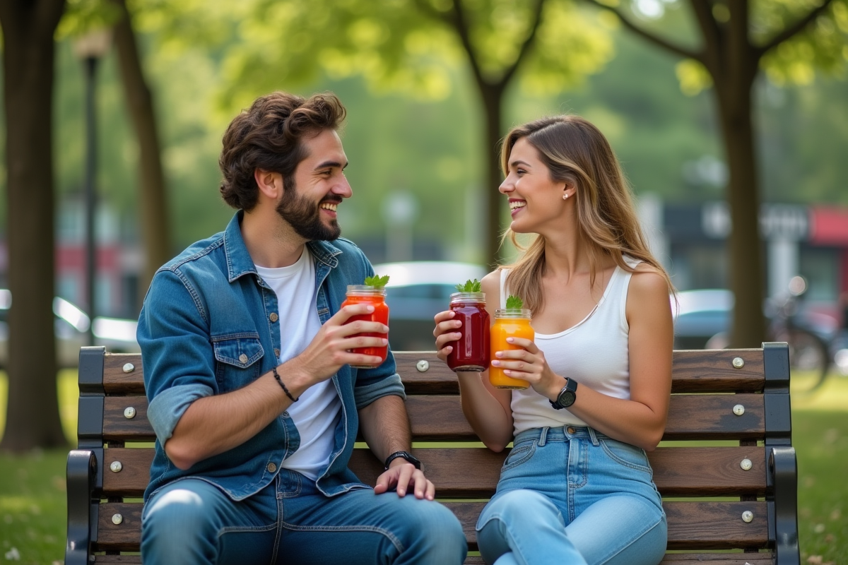 Deux amis dégustant des jus detox dans un parc urbain