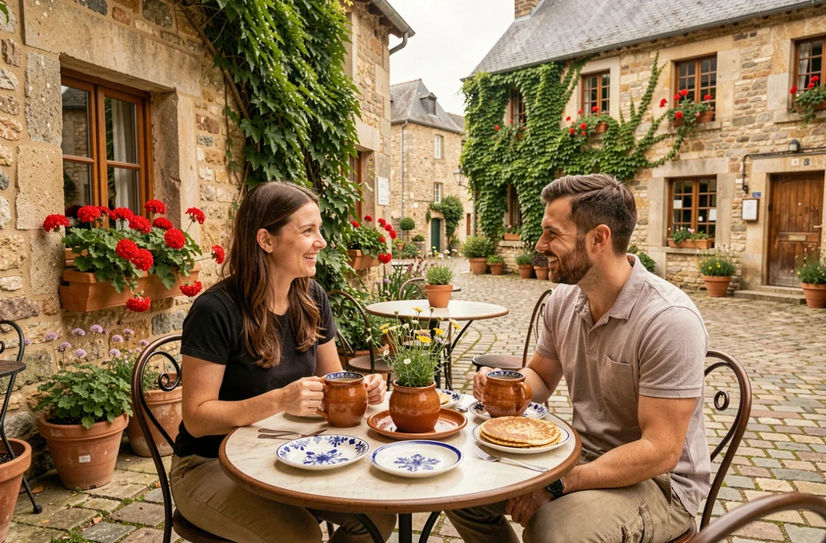 Terrasse de L'Ancolie à Rochefort-en-Terre avec décor de village médiéval breton, lierre et géraniums rouges