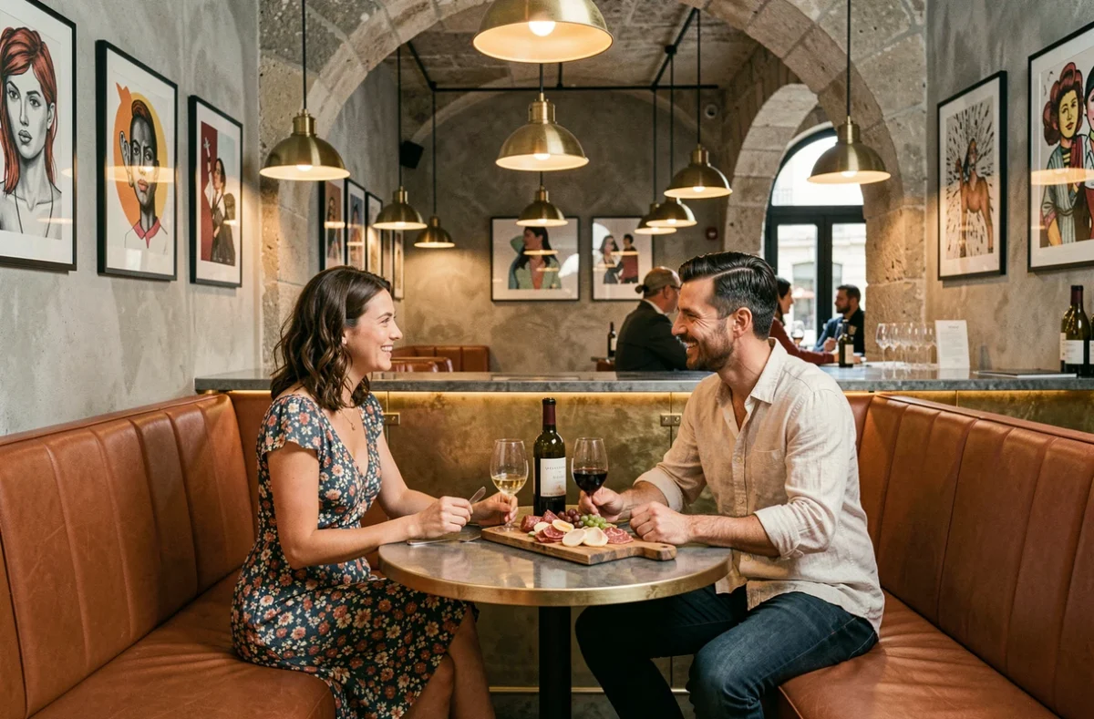 Couple attablé dans la brasserie contemporaine Arcada dans le quartier Saint-Pierre à Bordeaux