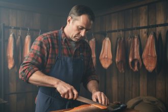 Artisan en tablier navy coupant un filet de saumon fumé