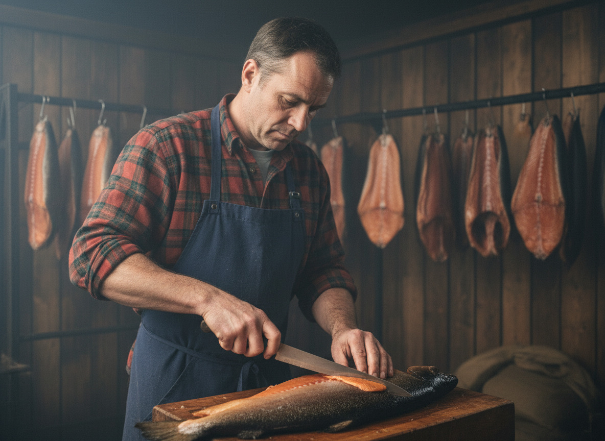 Artisan en tablier navy coupant un filet de saumon fumé