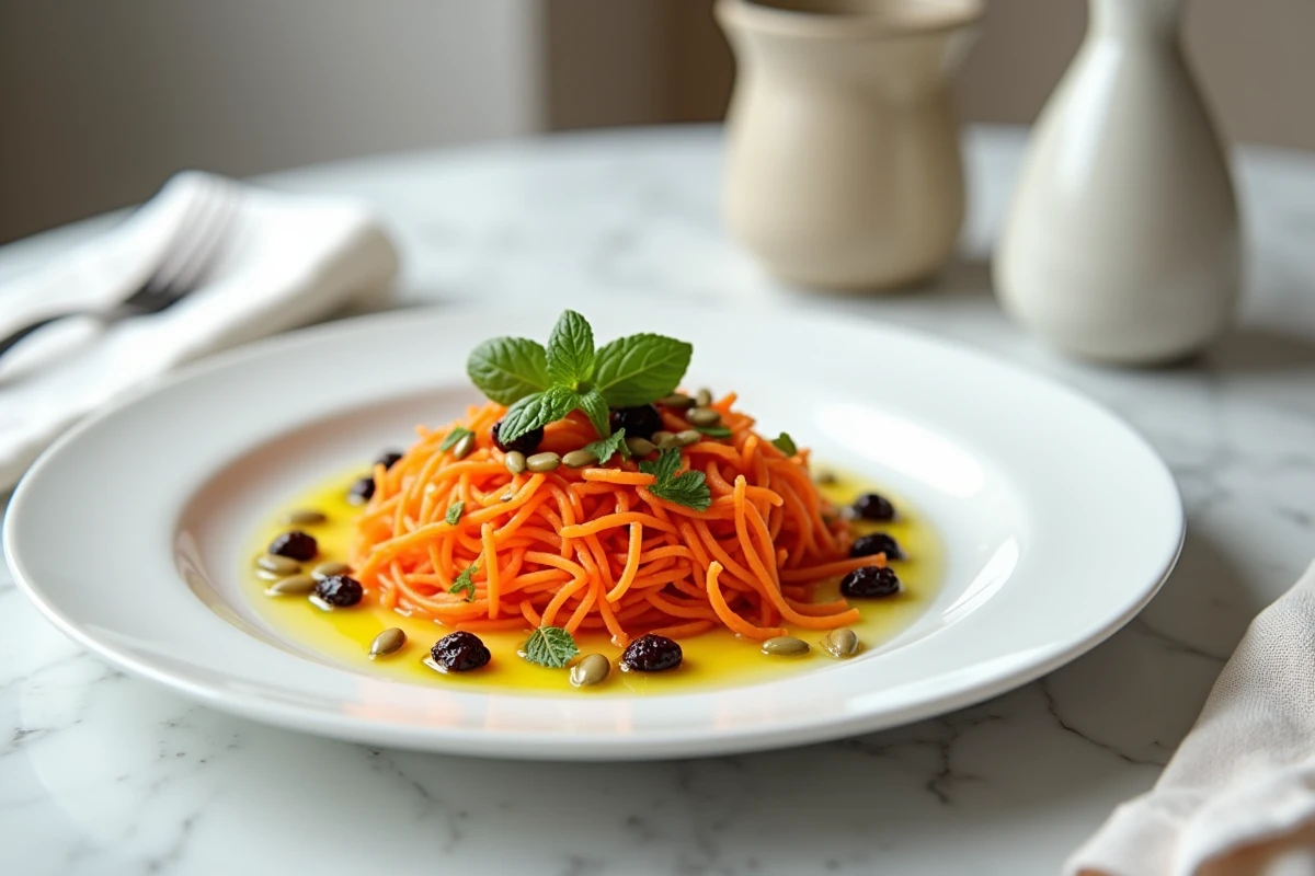 Assiette de carottes râpées vegan dressée avec raisins secs, menthe et graines de courge sur une surface en marbre blanc