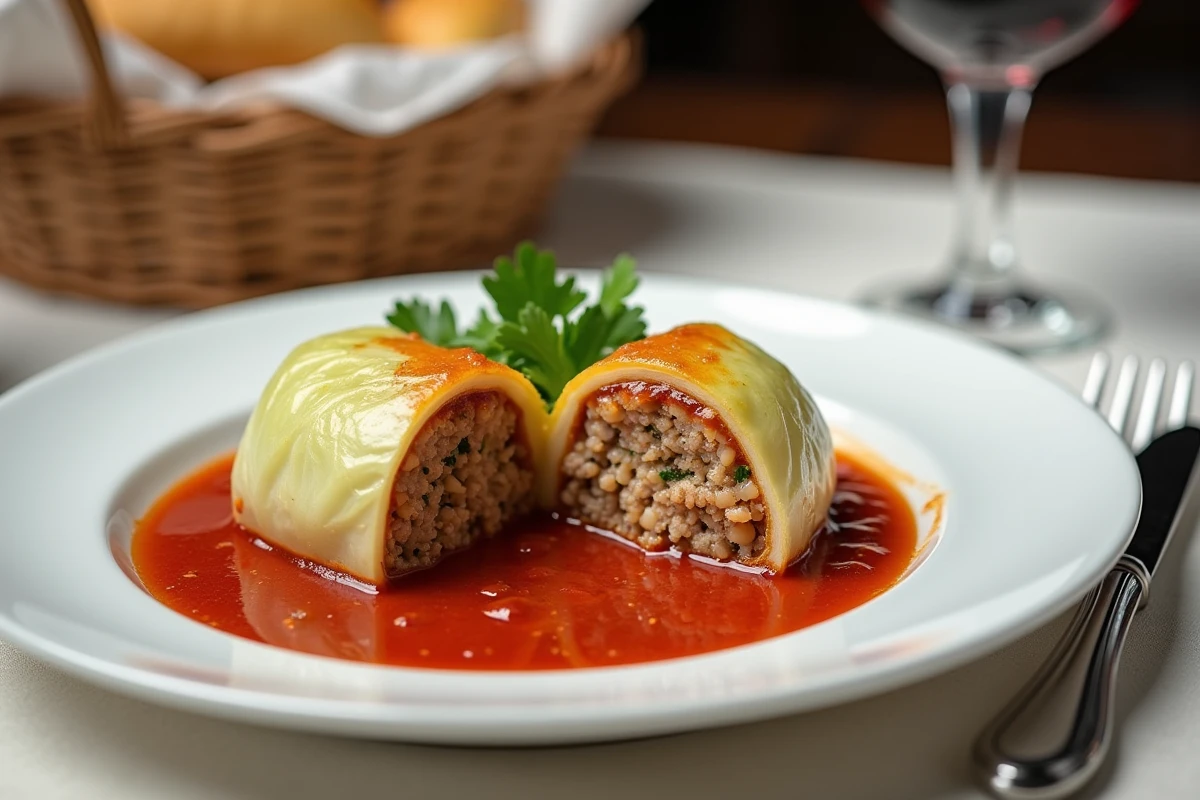 Assiette de chou farci coupé en deux révélant la farce viande et riz, nappé de sauce tomate maison sur nappe en lin