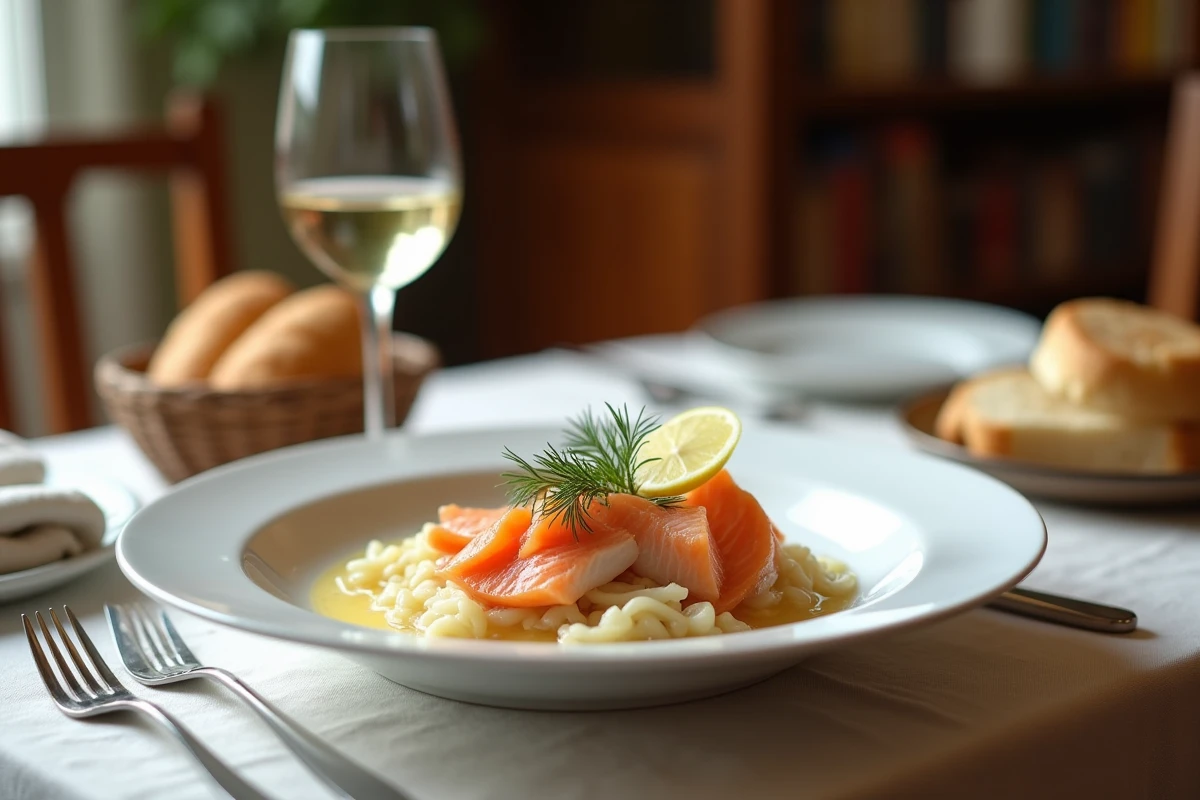 Assiette de choucroute aux poissons servie dans un bol en céramique blanche avec saumon poché, cabillaud fumé, aneth frais et tranche de citron, accompagnée d'un verre de vin blanc alsacien