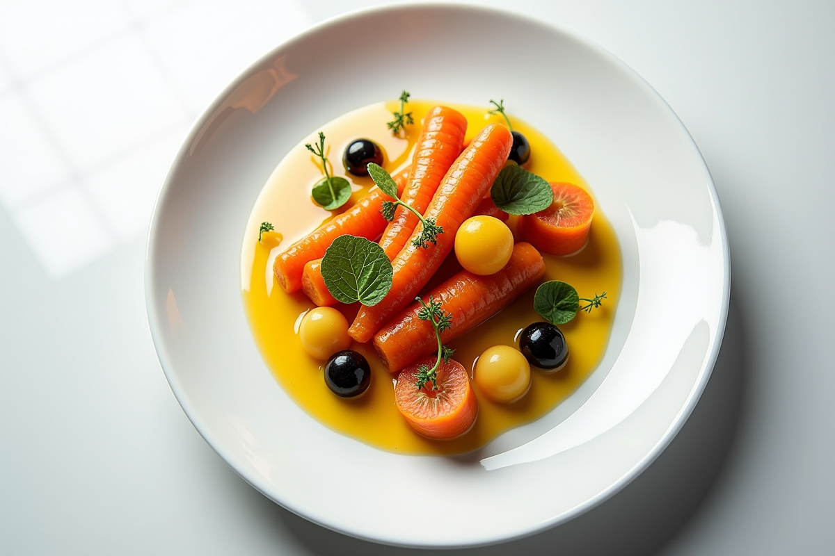 Assiette moderne avec carottes Vichy et légumes colorés
