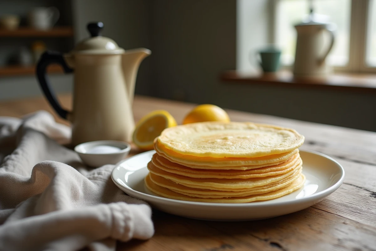 Assiette de crêpes pliées sur une table en bois avec du sucre et un demi-citron pour la dégustation