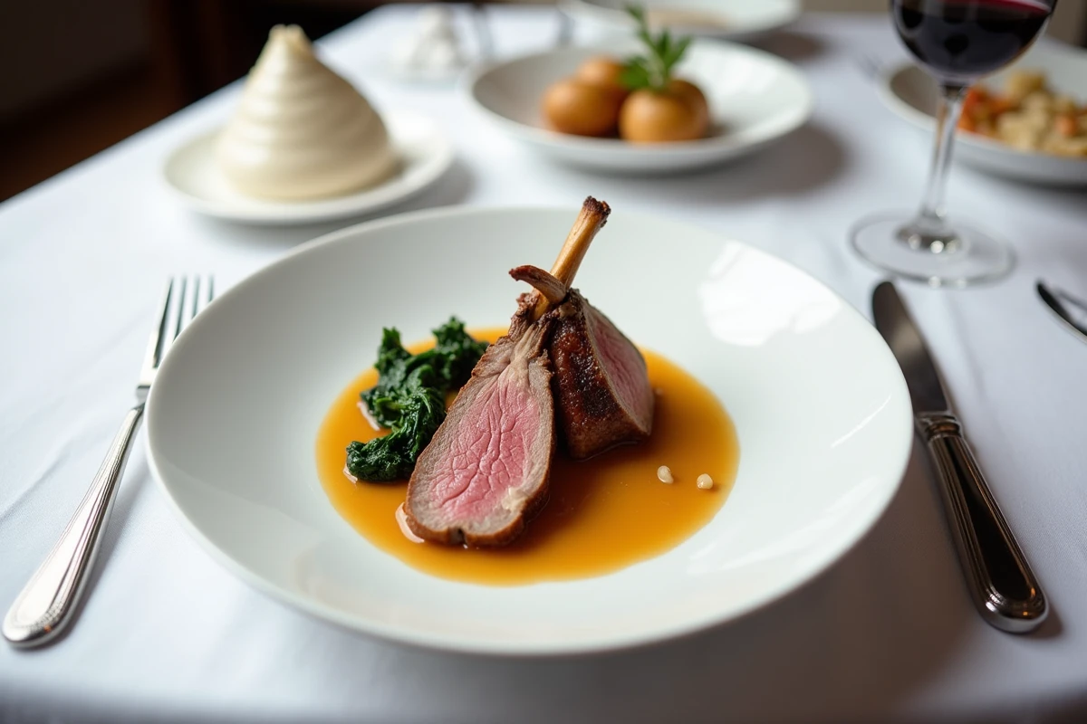 Assiette de magret de canard au foie gras dressée élégamment avec pommes de terre rôties et épinards sur table de dîner