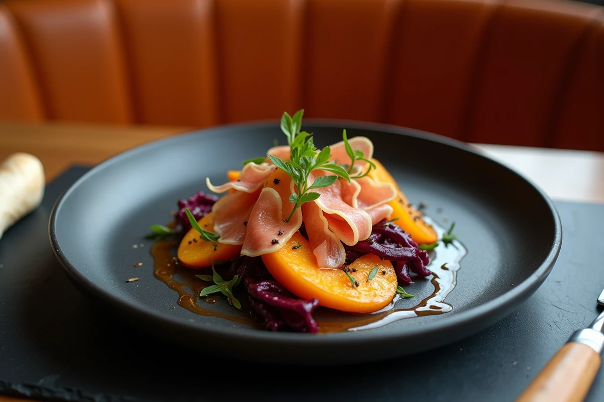 Assiette de restaurant avec salade salée au kaki, prosciutto et radicchio sur ardoise noire