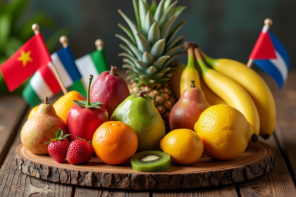Assortiment de fruits exotiques colorés sur une table en bois avec drapeaux