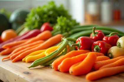 Assortiment de légumes en V sur plan de cuisine lumineux