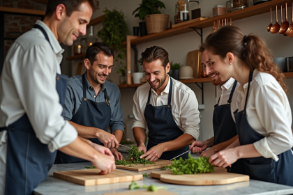 Groupe d adultes en atelier cuisine parisien convivial