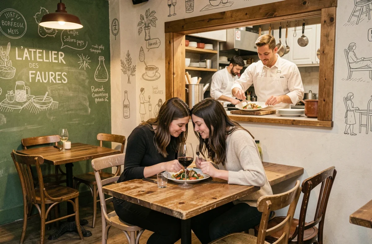 Salle intime de L'Atelier des Faures à Bordeaux avec chef en cuisine visible et couple dînant en tête-à-tête