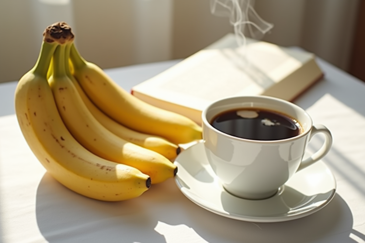 Bananes mûres avec café et livre dans une ambiance cozy