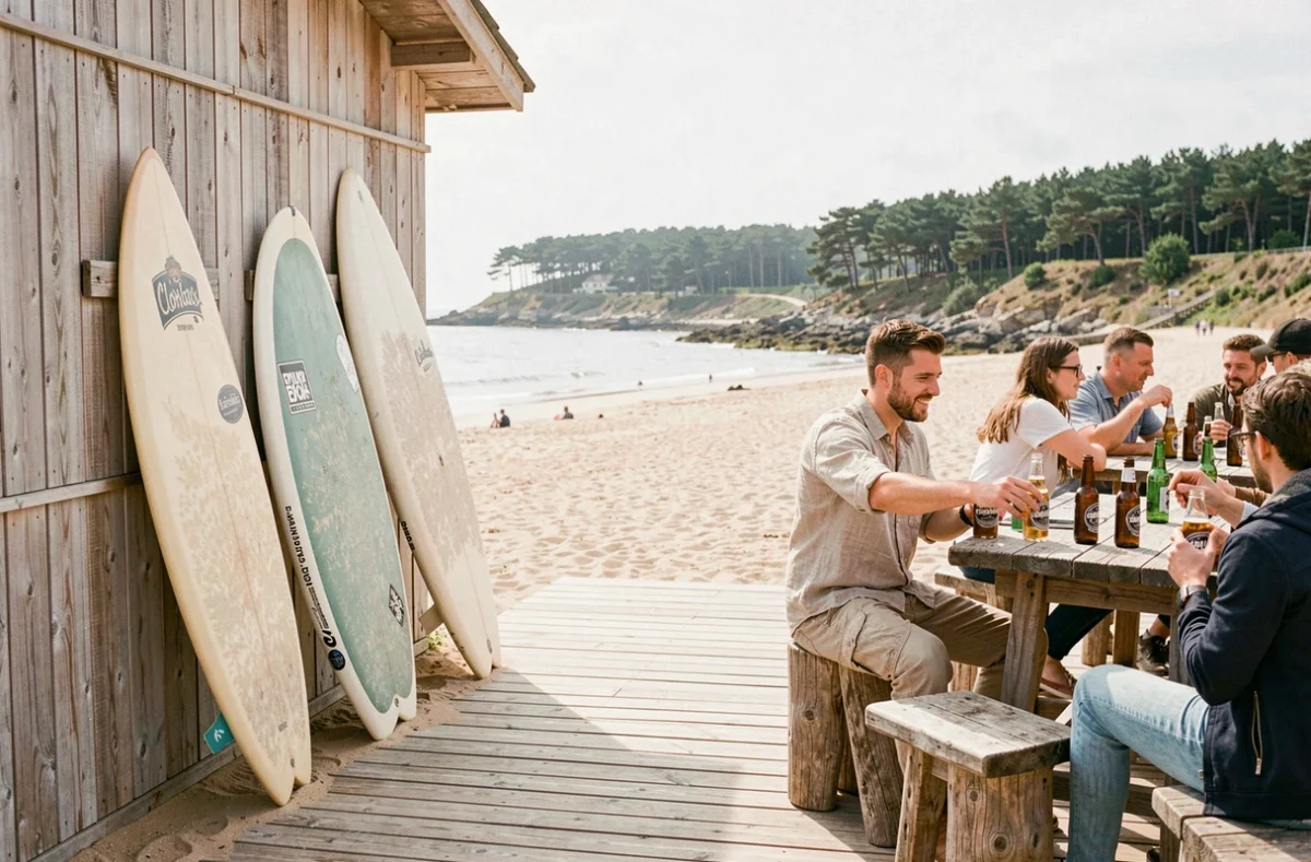Terrasse du Bar de la Plage à Clohars-Carnoët avec plage de sable, mobilier en bois flotté et ambiance surf