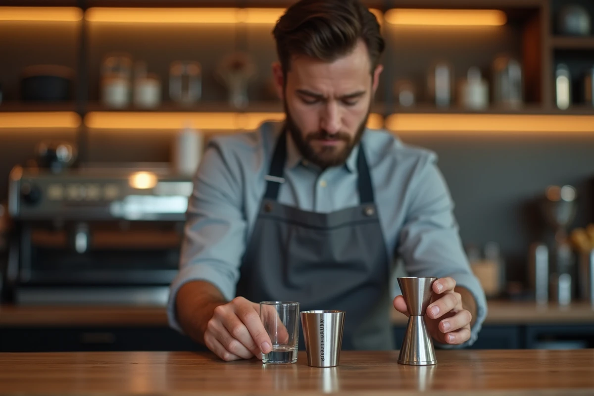 Barista comparant un verre doseur en cl et un jigger en ml pour illustrer la conversion de centilitres en millilitres