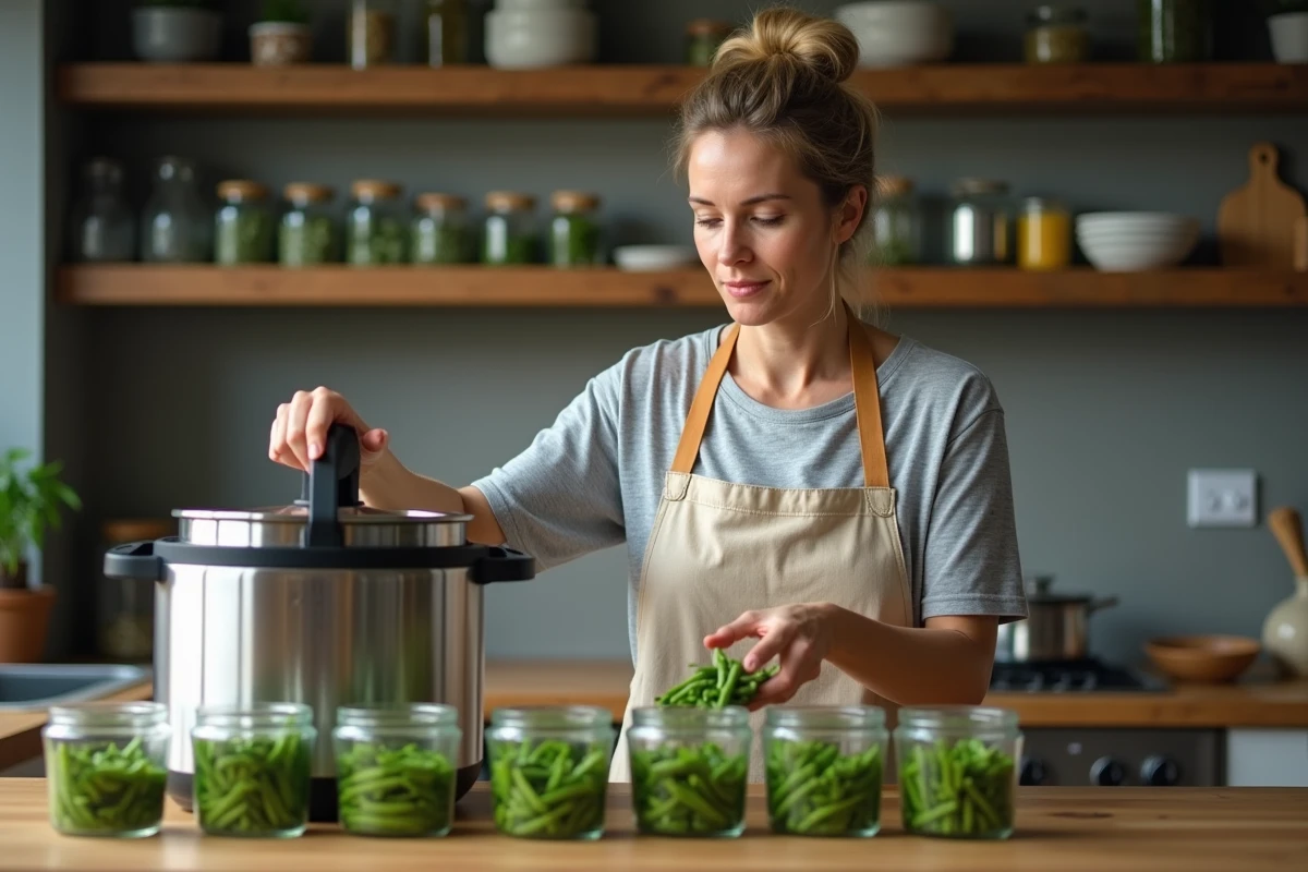 Femme portionnant des haricots verts cuits sous pression dans des boîtes en verre pour le batch cooking hebdomadaire