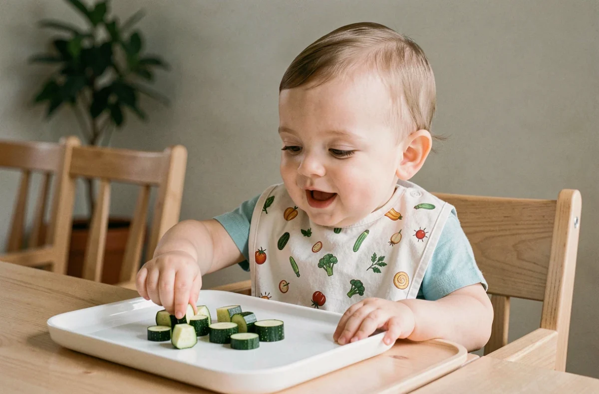 Bébé en chaise haute découvrant des morceaux de courgette cuite posés sur son plateau repas en bois
