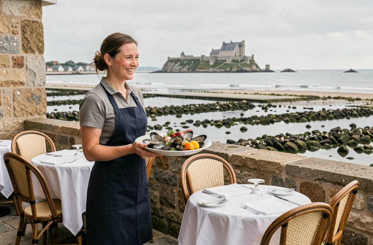 Terrasse du Bistrot de Cancale avec vue sur la baie du Mont-Saint-Michel et plateau de fruits de mer