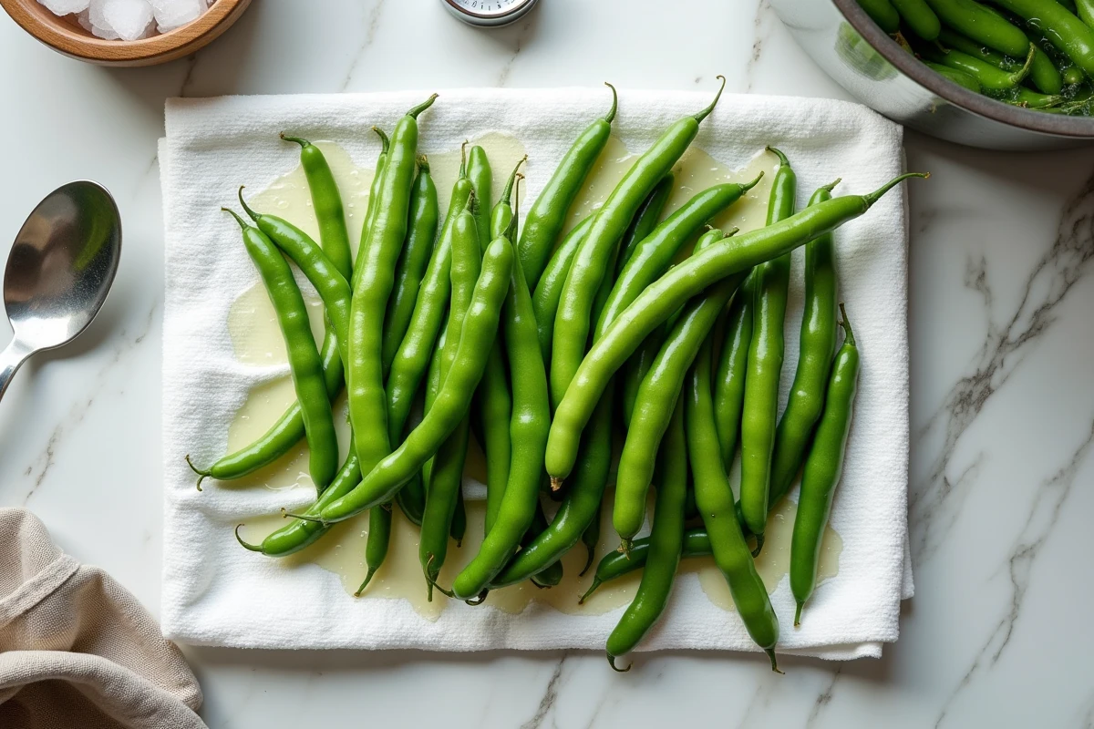 Haricots verts blanchis étalés sur un torchon blanc avant congélation, étape clé du batch cooking maison