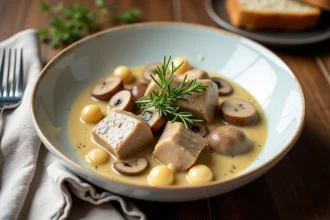 Bol de blanquette de veau maison avec sauce crémeuse, champignons et oignons grelots sur table en bois de bistrot