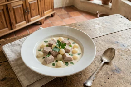 Blanquette de veau traditionnelle dans un bol en céramique blanche avec sauce crémeuse et persil frais sur table en chêne rustique