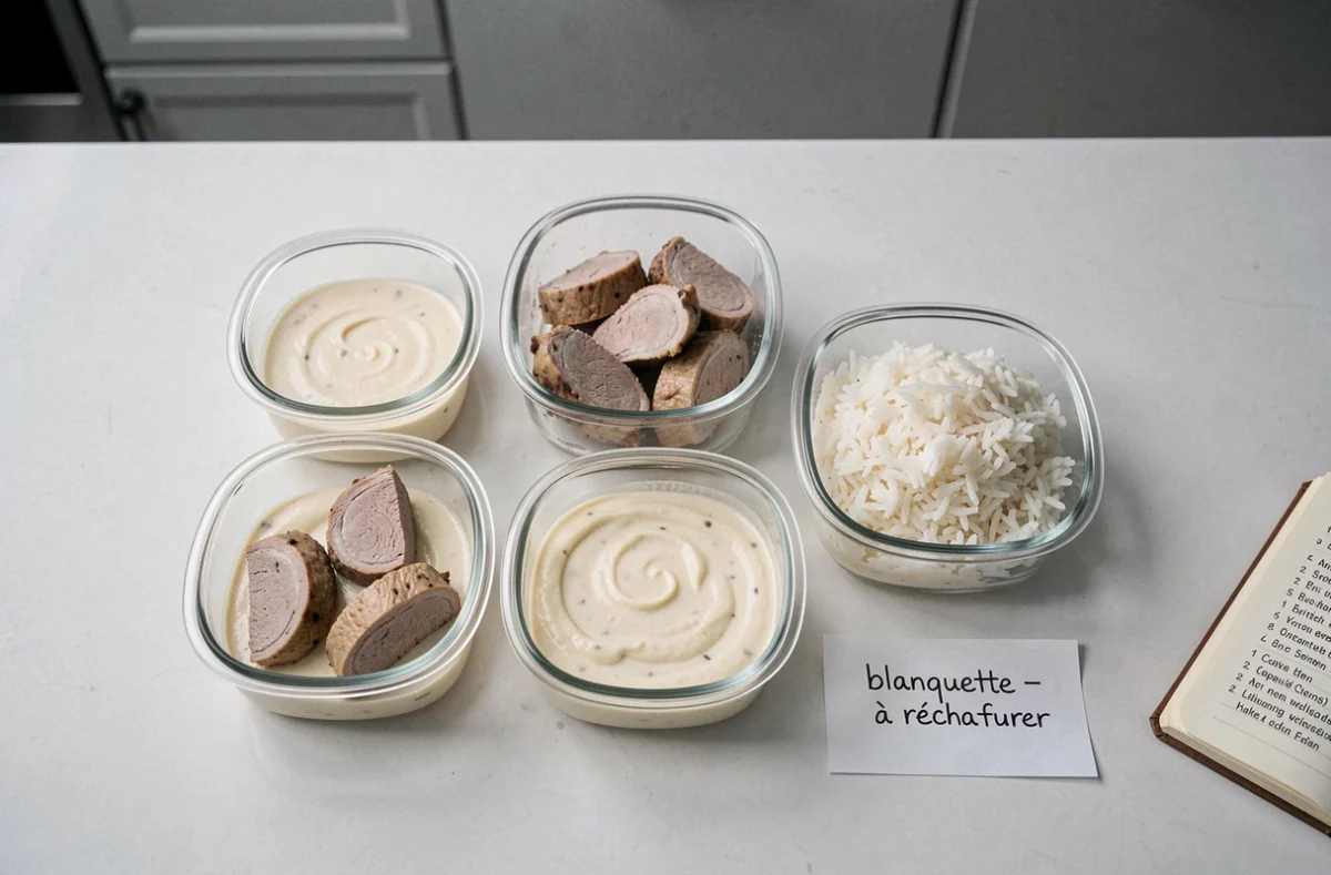 Préparation à l'avance de la blanquette de veau dans des boîtes hermétiques en verre étiquetées sur un plan de travail moderne