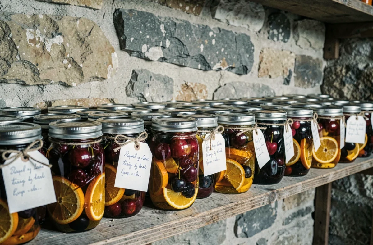 Bocaux de fruits macérés à l'alcool 90 alignés sur une étagère en pierre dans une cave artisanale