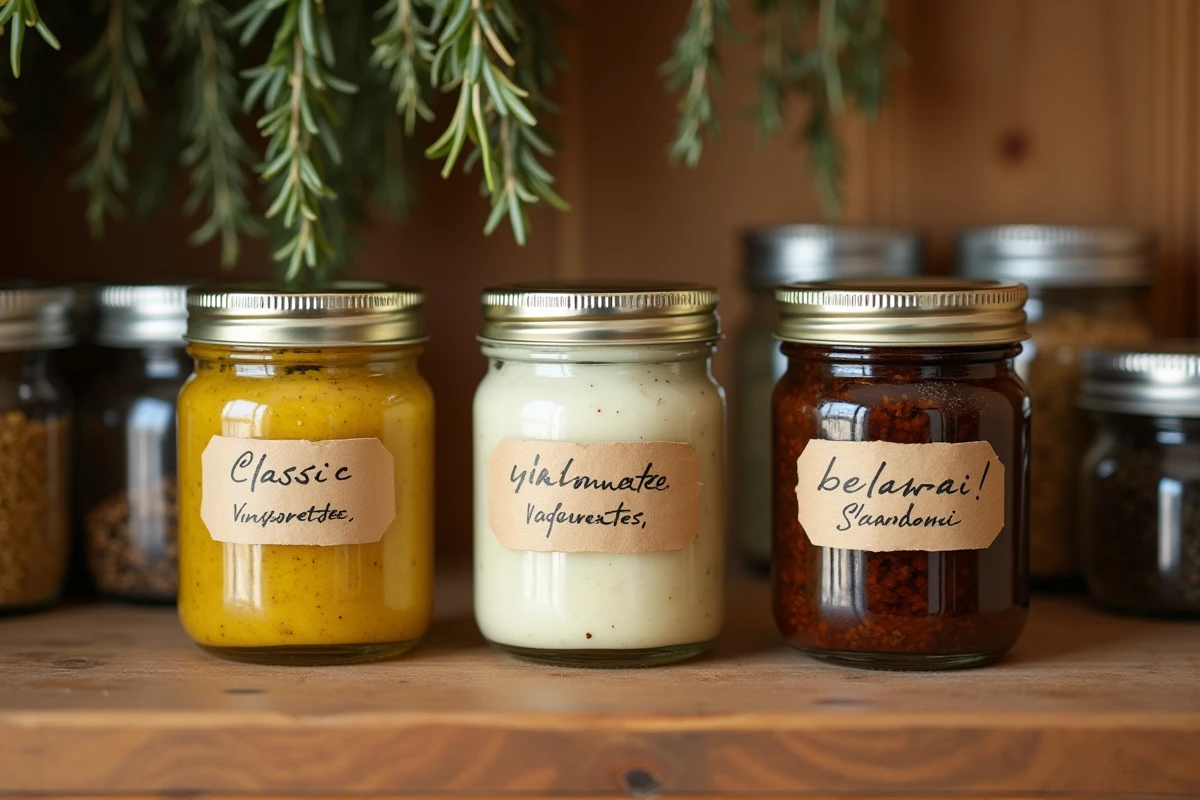 Trois bocaux de vinaigrettes maison variées alignés sur une étagère en bois avec étiquettes manuscrites dans un garde-manger organisé