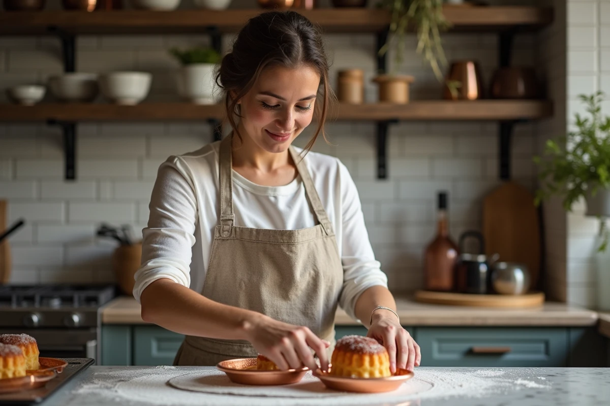 Boulangère démoulant des canelés maison dans des moules en cuivre traditionnels sur un plan de travail en marbre