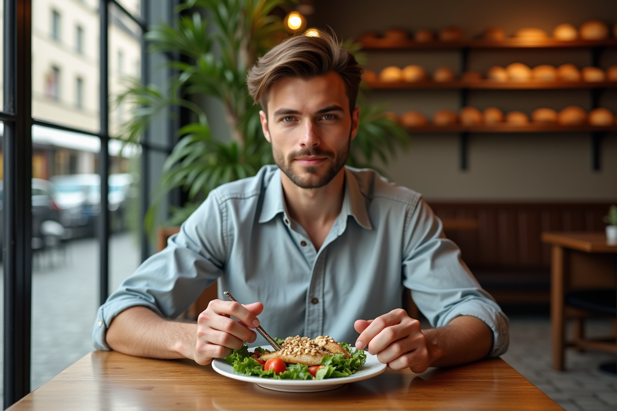 Jeune homme dégustant un plat méditerranéen au café