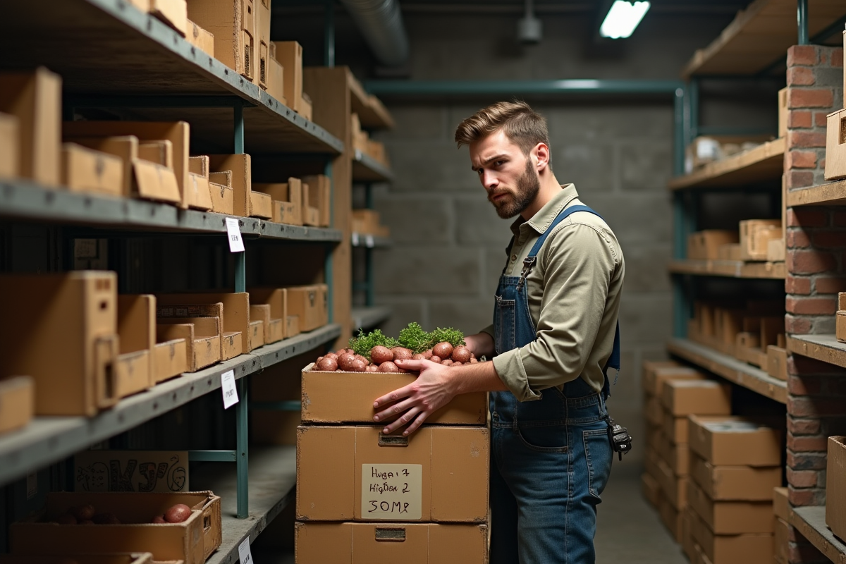 Jeune homme arrangeant des légumes dans un magasin urbain