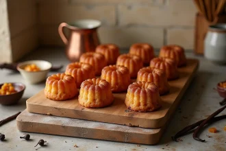 Canelés bordelais maison dorés et caramélisés disposés sur une planche en bois rustique avec vanille et cire d'abeille
