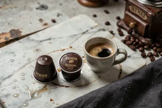 Capsules de café compatibles Nespresso intensité 10 et plus posées sur un comptoir en marbre avec une tasse d'espresso et des grains de café torréfiés