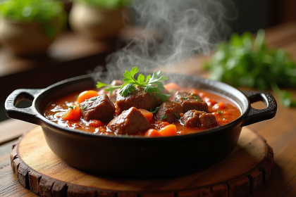 Ragoût de carbonade de boeuf dans une cocotte en fonte