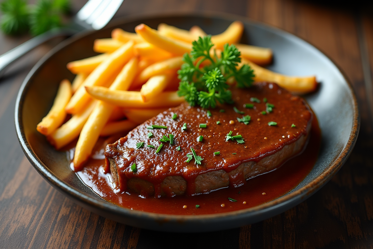 Assiette de carbonade avec frites dorées et persil