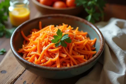 Bol de carottes râpées vegan assaisonnées en vinaigrette, garnies de persil frais et de graines de sésame sur une table en bois rustique