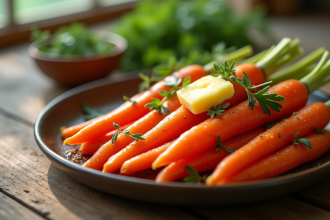 Carottes Vichy fraîchement cuites sur une table en bois