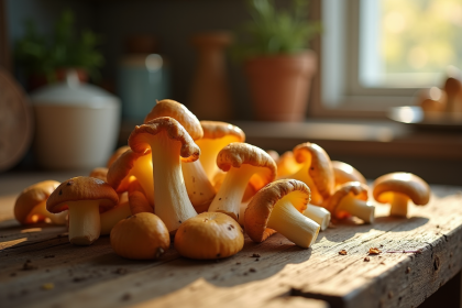 Champignons chanterelles frais nettoyes sur une table en bois