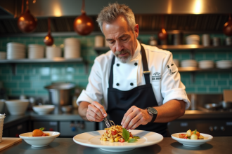Chef en cuisine dressant un plat avec concentration