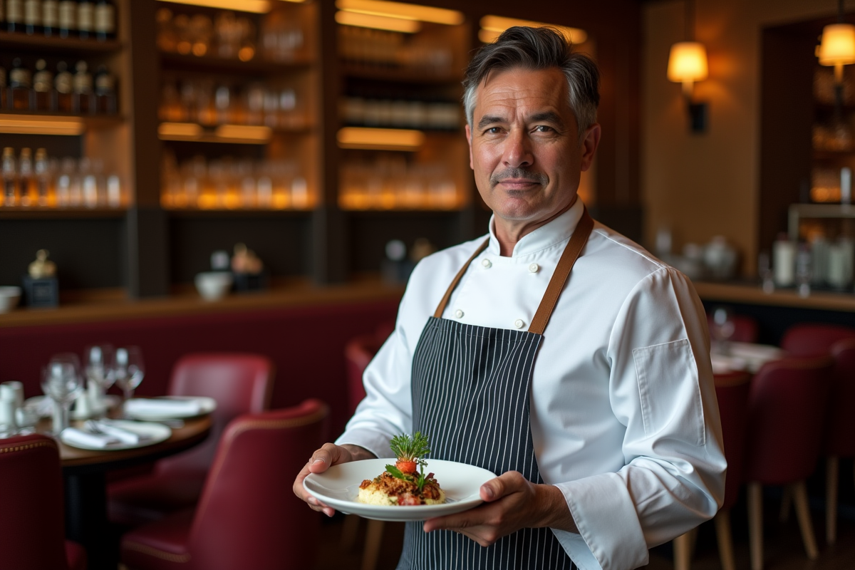 Chef en veste blanche tenant un plat gourmet dans un restaurant étoilé