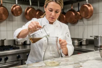 Cheffe cuisinière versant précisément 25 cl dans une carafe d'un litre sur un plan de travail en marbre dans une cuisine professionnelle