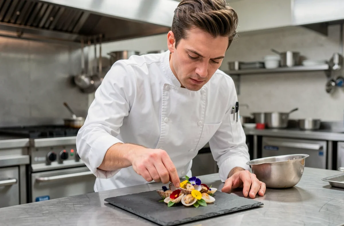 Le chef Nicolas Carro en train de dresser un plat raffiné de fruits de mer bretons