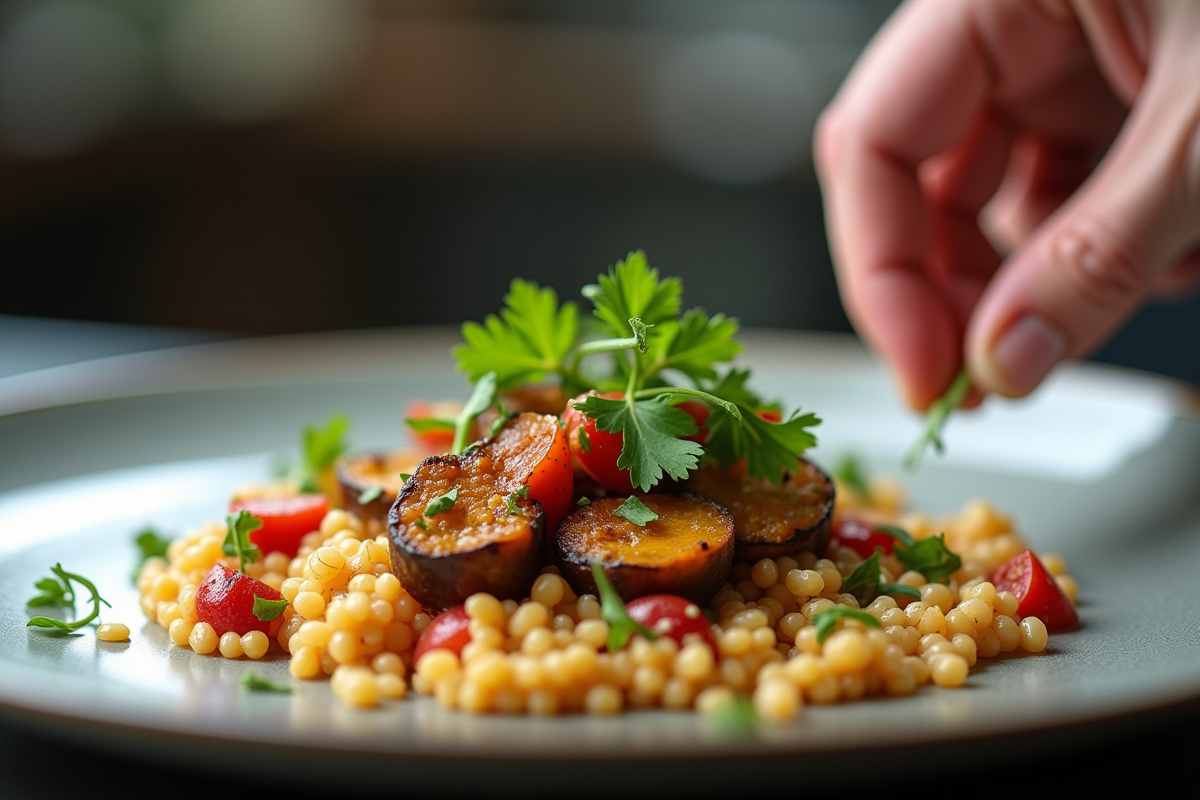 Chef dressant un plat gourmet avec ingredients colorés
