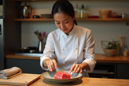 Chef femme en cuisine moderne dressant sashimi de thon bleu