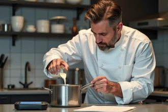 Chef en cuisine professionnelle verse de la crème dans une casserole