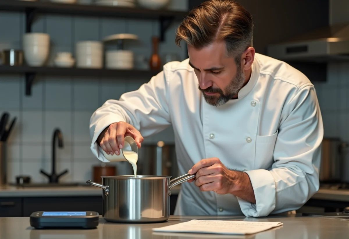 Chef en cuisine professionnelle verse de la crème dans une casserole